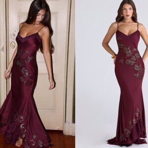 House of CB Anastelle plum hand beaded embellished satin maxi gown NWOT